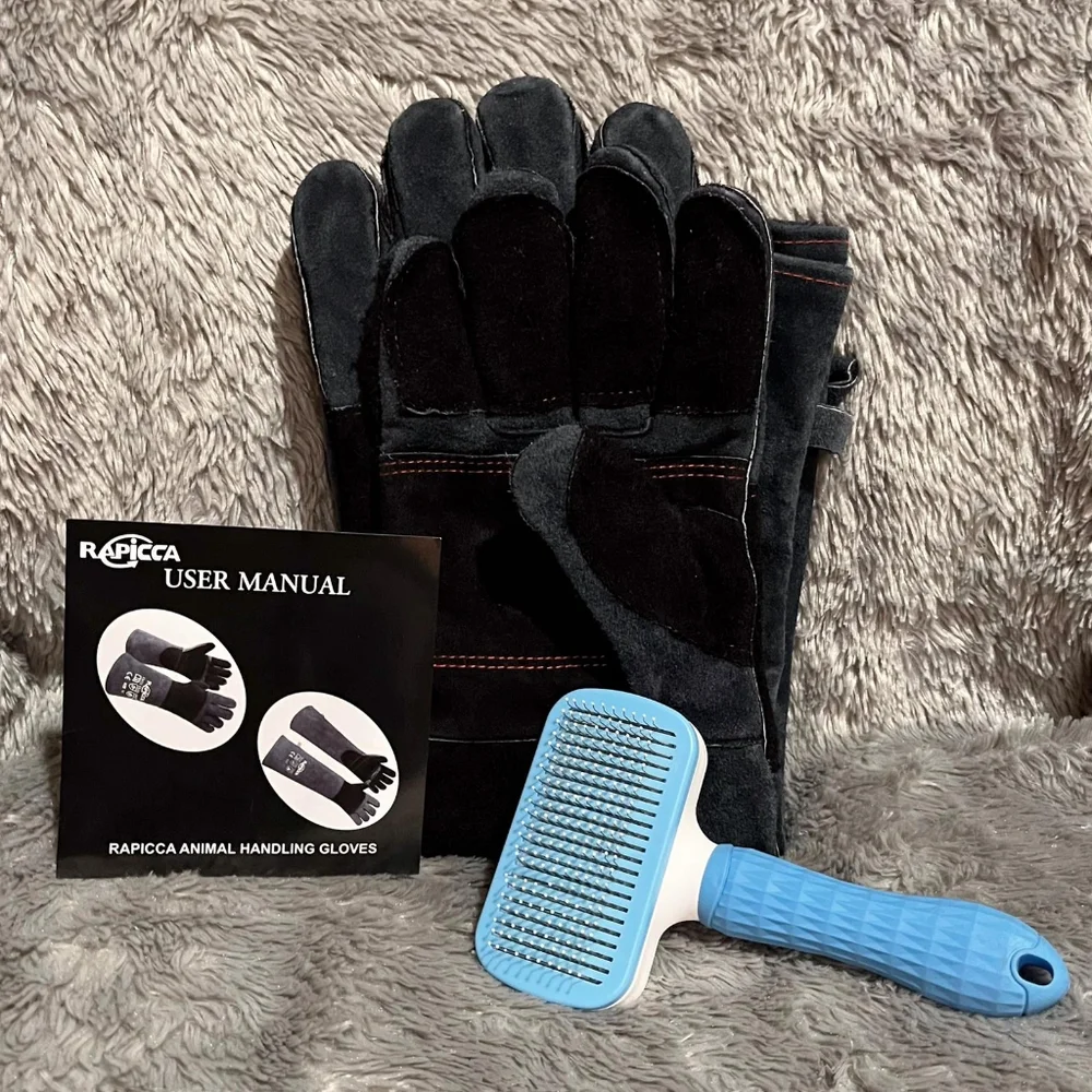 Rapicca Leather Animal Handling Gloves and Self Cleaning Animal Hair Brush